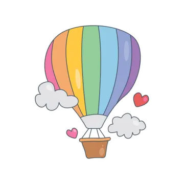 a hot air balloon with clouds and hearts