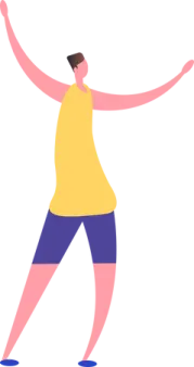 a woman in yellow shirt and blue shorts dancing