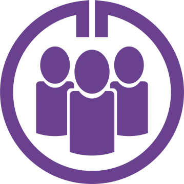 a purple circle with three people in it