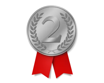 a silver medal with a red ribbon around it