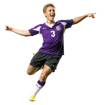 a young man in a purple shirt and black shorts