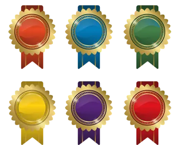 a set of four gold, red and blue award ribbons