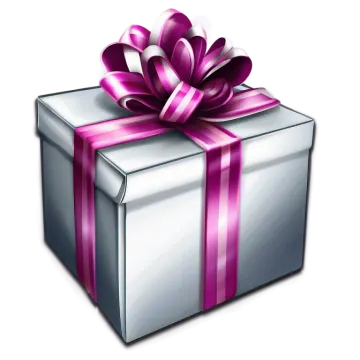 a silver gift box with purple ribbon and bow