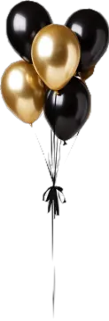 a bunch of black and gold balloons