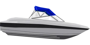 a boat with blue and white stripes on it