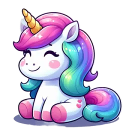a cute unicorn with a rainbow mane sitting on the ground