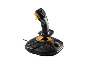 a black and orange game controller on a white background