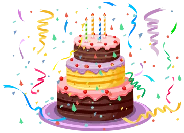 a birthday cake with candles and streamers