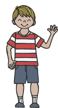 a boy wearing a striped shirt and shorts