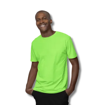 a man wearing a bright green t - shirt