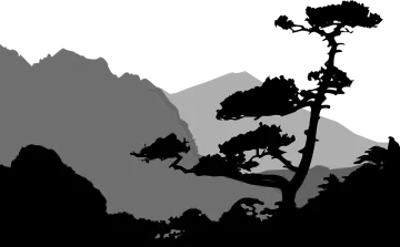 a black and white silhouette of a tree in the mountains