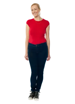 a woman in a red top and jeans