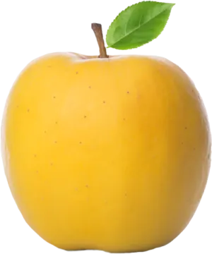 a yellow apple with a green leaf on top