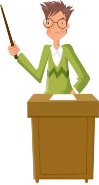 a man sitting at a desk with a pointer in his hand