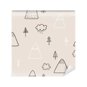 a beige wallpaper with black and white mountains on it