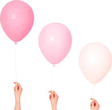 a hand holding three balloons in different colors