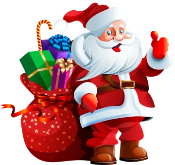 a cartoon santa holding a bag of presents