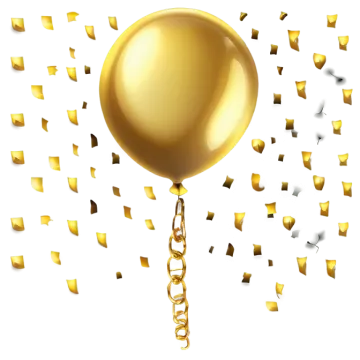 a gold balloon with streamers flying around it