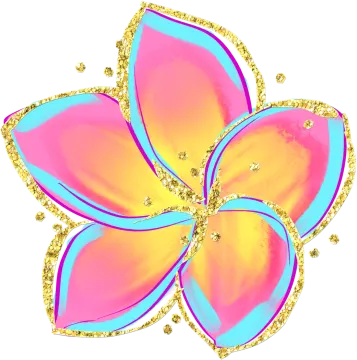 a pink and blue flower with gold glitters
