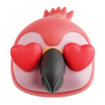 a red and black bird with hearts on its eyes