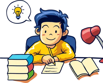 a boy sitting at his desk with books and a light bulb above him
