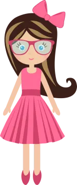 a girl wearing glasses and a pink dress