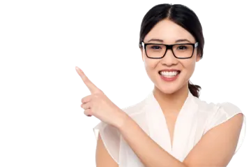 a woman with glasses pointing at the camera