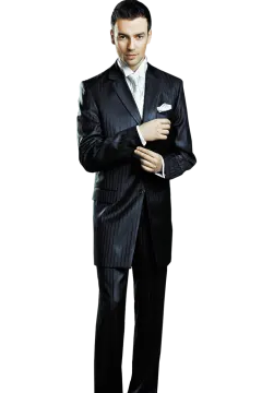 a man in a black suit and white shirt