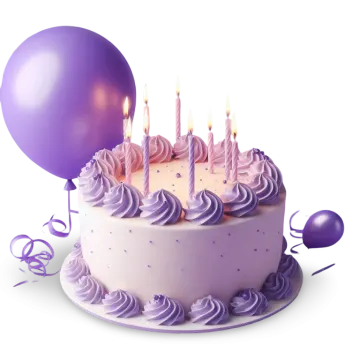 a birthday cake with purple frosting and balloons