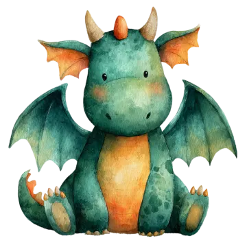 a watercolor painting of a green and orange dragon