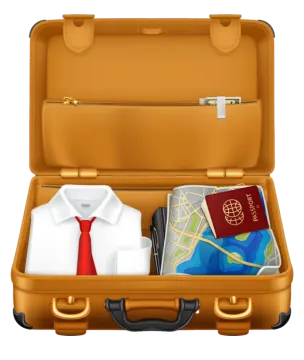 an open suitcase with a passport, passport and other items