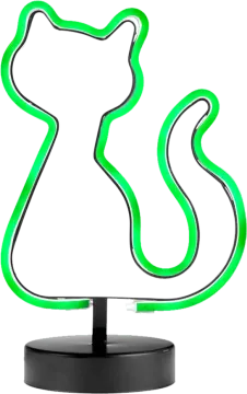 a green neon cat lamp on a black stand