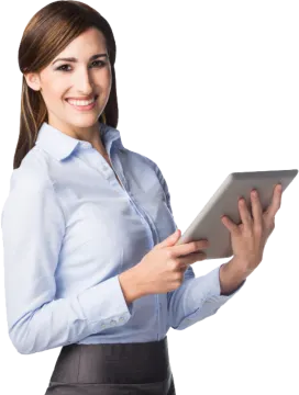 a woman in a blue shirt holding a tablet