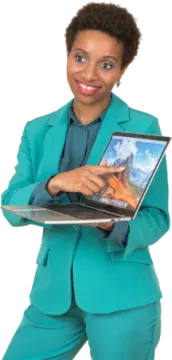 a woman in a green suit holding a laptop