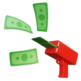 a red and green arrow with money falling from it