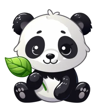 a panda bear with a green leaf in its mouth
