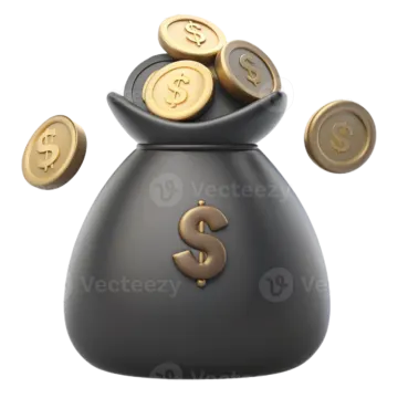 a black money bag filled with gold coins