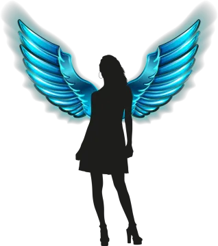 a silhouette of a woman with blue wings