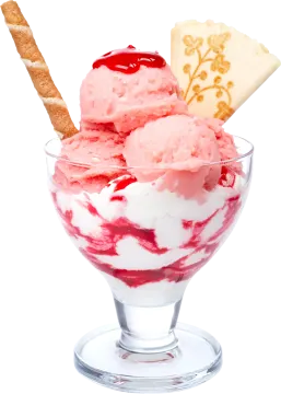 a glass bowl filled with ice cream and cherry sorb
