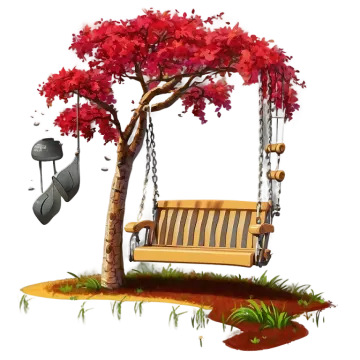 a swing chair and a tree with red leaves
