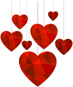 a bunch of red hearts hanging from strings