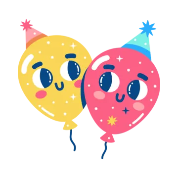 two balloons with faces and a party hat