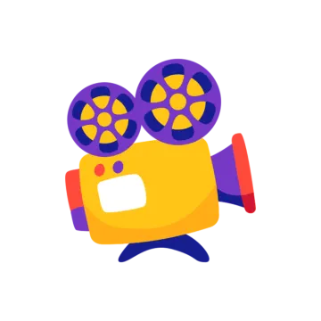 a yellow and purple camera with a red lens