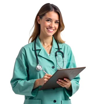 a woman in a green coat holding a clipboard