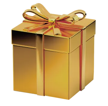 a gold gift box with a red ribbon
