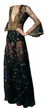 a woman wearing a black and gold embroidered gown