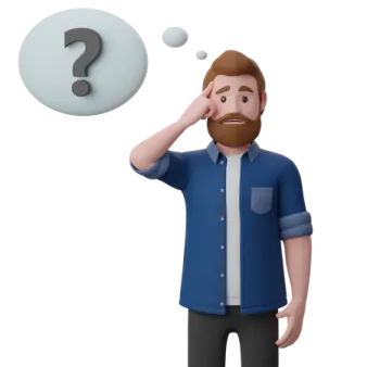 a man in a blue shirt is looking at a question sign