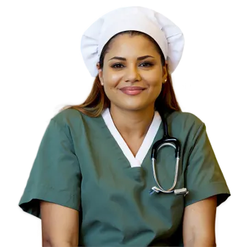 a woman wearing a green scrub suit