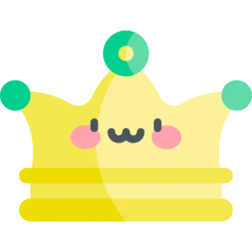 a yellow crown with pink cheeks and green eyes