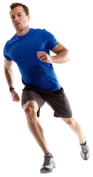 a man in a blue shirt is running